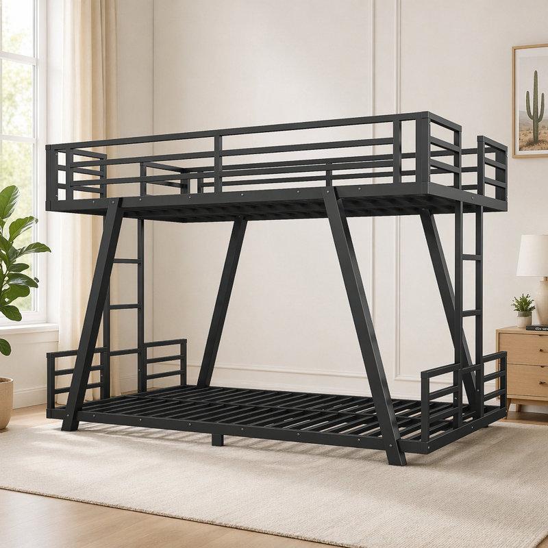 Lit superposé simple TG au-dessus de simple TG avec 2 échelles latérales, lit superposé en métal avec pieds de support spéciaux, lit superposé à profil bas