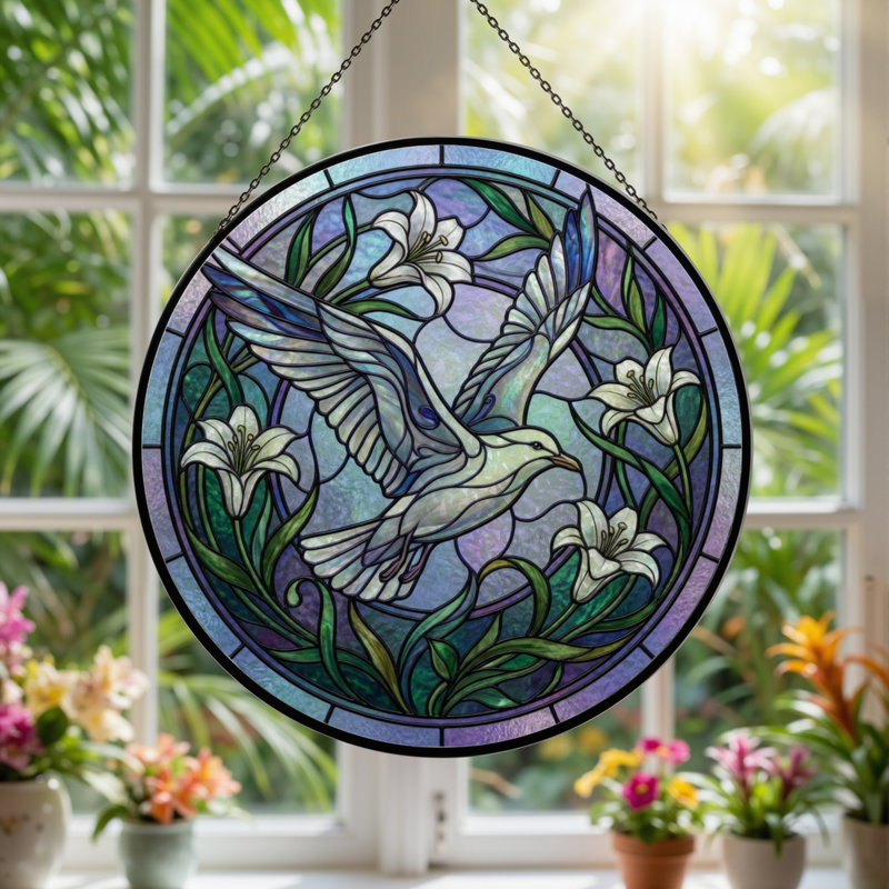 Panneau de vitrail 12 "H Dove Lilies, 12" H x 12" W
