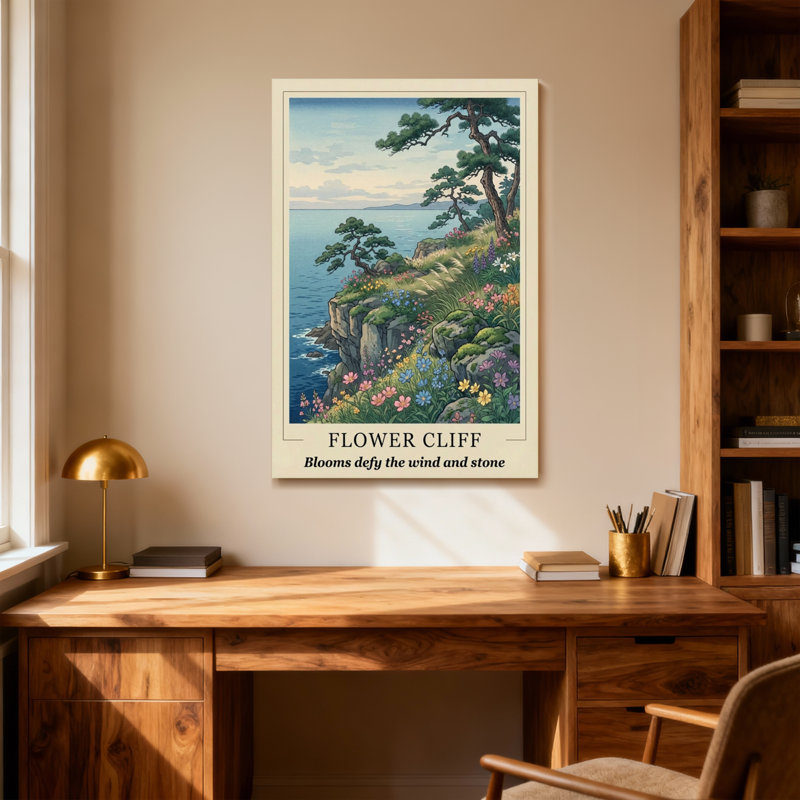 Paysage et nature Paysage de falaise avec océan et fleurs sauvages, H 40 po x l 28 po