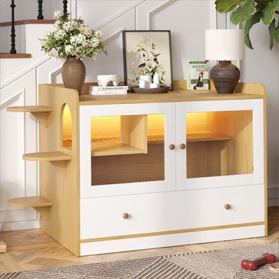 Enceinte de litière pour chat, meubles cachés pour litière avec tiroir et escalier, salle de bain en bois pour chambre à coucher, table d'appoint pour chat pour salon, naturel et blanc