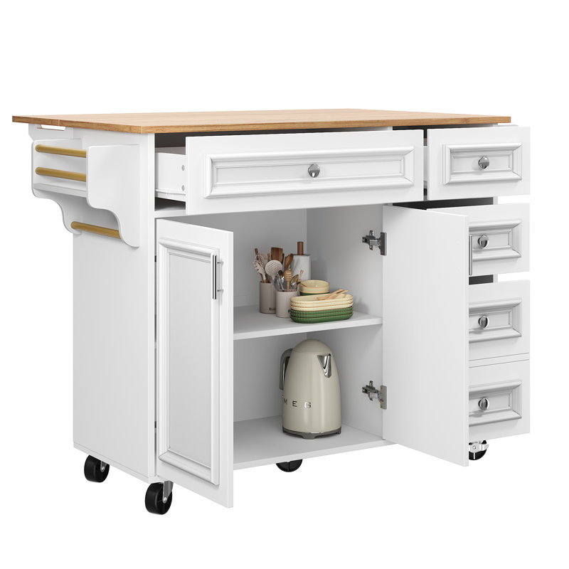 Kitchen Island With 2 Doors And 5 Drawer, White