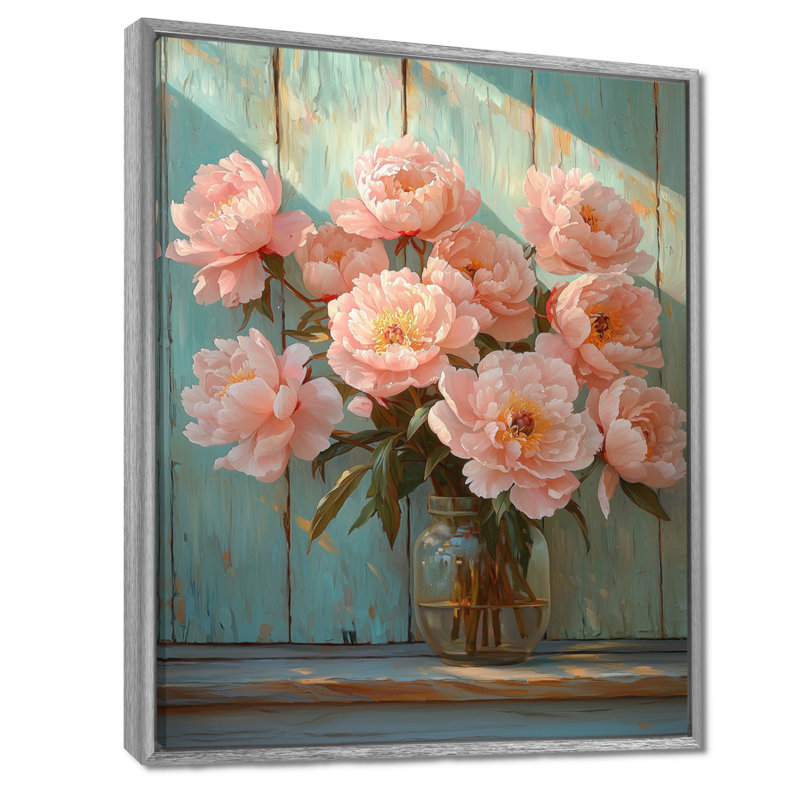 Pivoines à la ferme porche - art mural pivoines, H 40 po x l 30 po, Reproduction avec cadre flottant, Argent argent