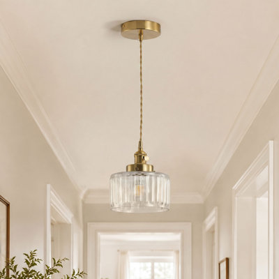 Modern 1-Light Polished Brass Pendant Light with Fluted Clear Glass Shade
