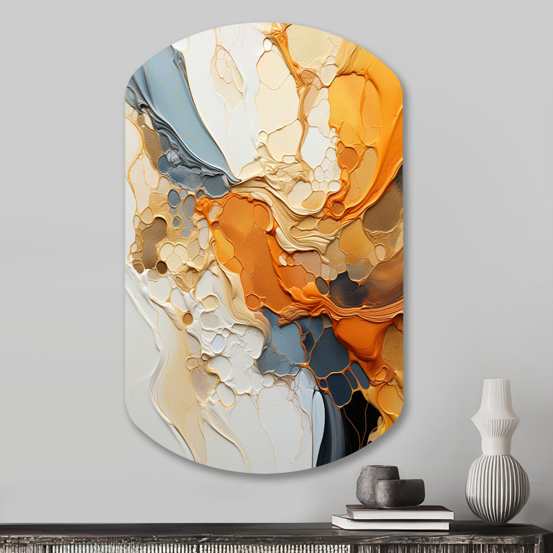 «Orange Blue Line Art Abstract Expressionism - Line Art, impression asymétrique sur métal, cylindre orange, décoration murale en métal
