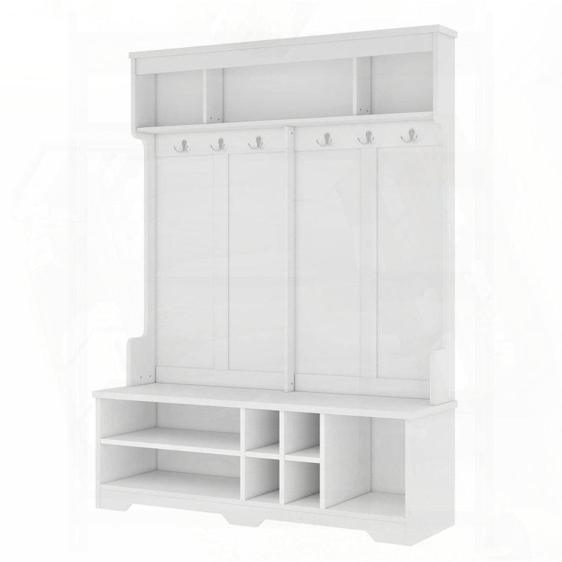 Modern Hallway Hall Tree with Metal Hooks and Shoe Cubbies (White), White