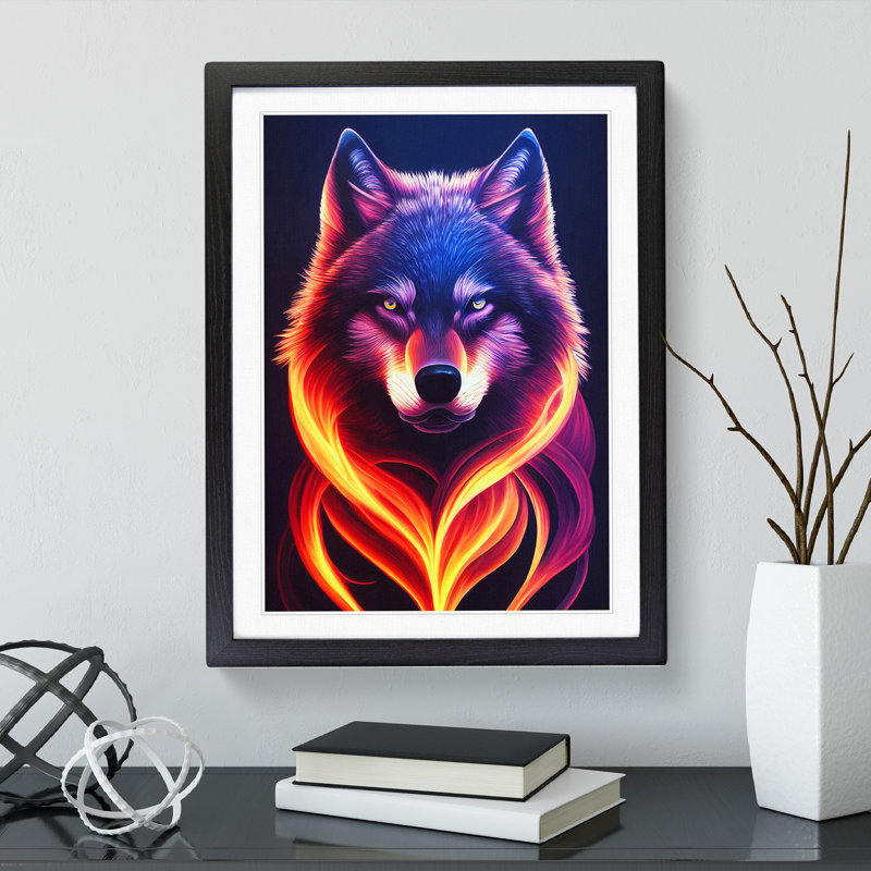 Wolf Flames - Wall Art, Black Framed Paper, 66cm H x 48cm W, White