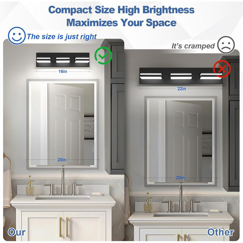 Luminaires de salle de bain modernes à DEL modernes, Noir mat, Trois lumières, H 4 po x l 16 po x P 5 po