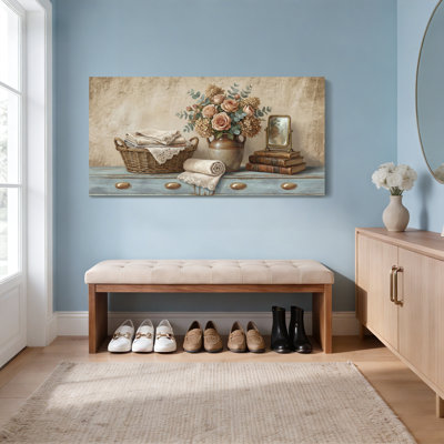 «Rustic Still Life With Flowers And Livres», reproduction d'art sur toile tendue sur toile, ensemble de 1