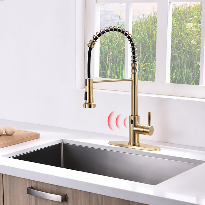 Brushed Gold Automatic Smart Kitchen Faucet, Touchless With Stable Motion Sensor And Pull Out Hands Faucet In Gold, Efficient Operation