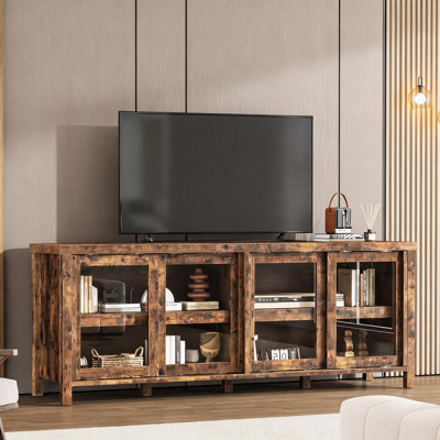 Meuble télé 65 po avec 4 portes coulissantes en verre, armoire de rangement, console multimédia en bois rétro, brun