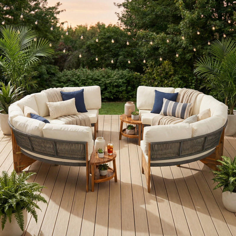 3-Piece Outdoor Conversation Sofa Set for 6, 2 Semi-Circle Weather-Resistant Patio Couch Set with Side Tables for Backyard