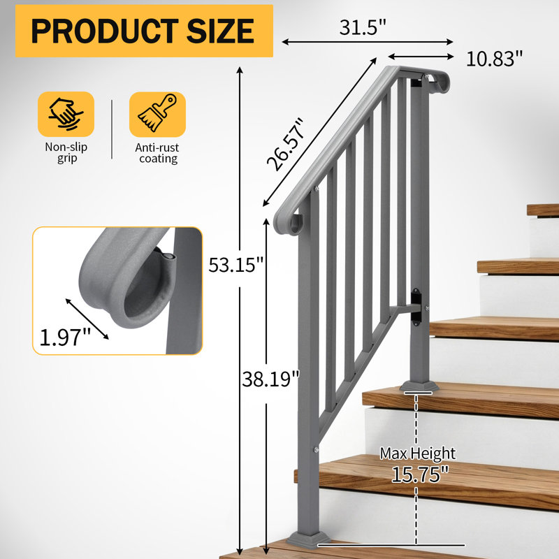 Silver 2 Step Outdoor Stair Handrail, Heavy-Duty Metal Step Railing with Curved Ends for Garden, Residential & Commercial Stairs