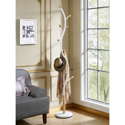 Standing Coat Rack With 9 Hooks, White Metal Frame With Oak Accents, Heavy Round Base For Stability
