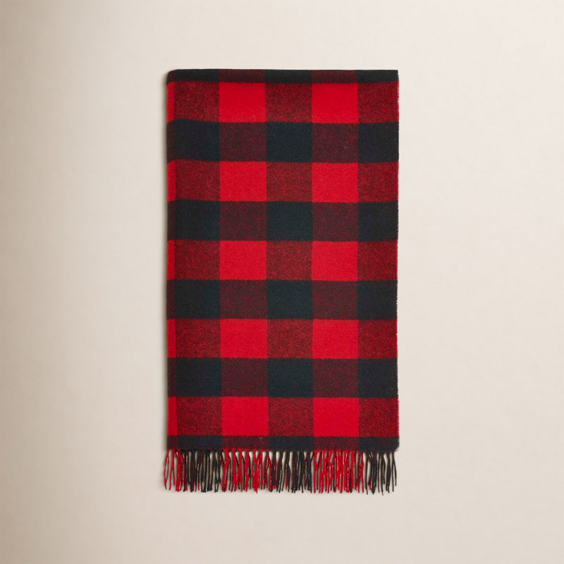 Jeté en laine Shetland, Noir / gris / rouge géométrique