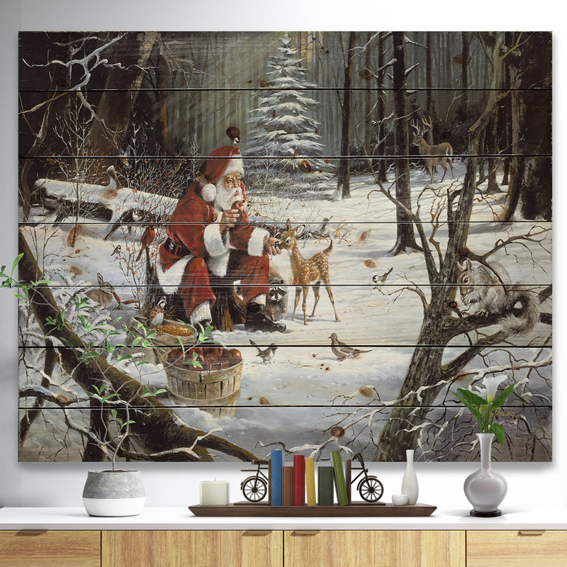 Père Noël avec un cerf dans un bois enneigé - impression sur, H 16 po x l 32 po x P 1 po