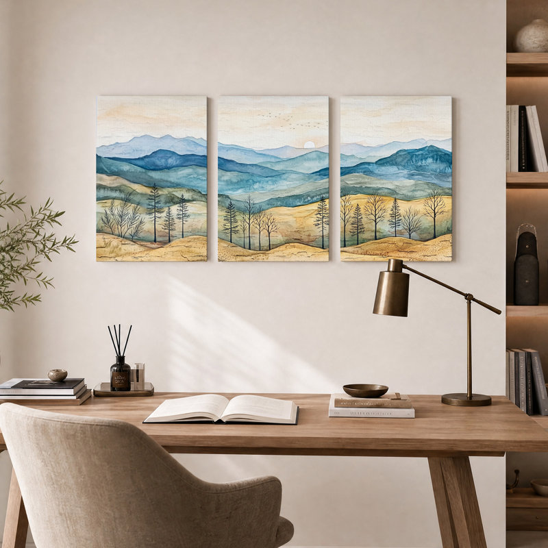 Ensemble de 3 toiles murales représentant des montagnes bleues superposées et des collines dorées, 30"H x 20"W x 3pcs