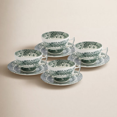 Heritage Green Italian 7 Oz. Teacups & Saucers, Set of 4