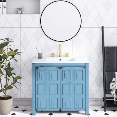 36 pouces Organisateur de meuble-lavabo de salle de bain avec lavabo en céramique bleu rétro | Structure en bois massif | Portes à fermeture en douceur | Tablettes réglables | Ensemble d'armoire de rangement pour salle de bain