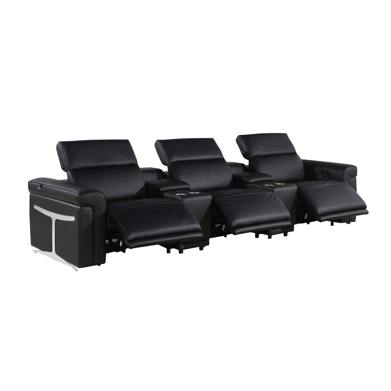 5-Piece 3-Power Reclining Italian Leather Sofa With Power Headrest, Black