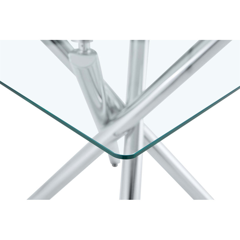 Modern Electroplated Metal Leg Bar Table With Tempered Glass Top, Sturdy And Stylish For Home And Kitchen Use, Silver