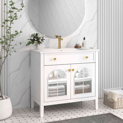 35.6" Mid-Century Bathroom Vanity Sink With Patterned Glass & Motion-Sensor Light Strip, Farmhouse Freestanding Bathroom Vanity Sink With Storage, High-End Restroom Vanity Cabinet
