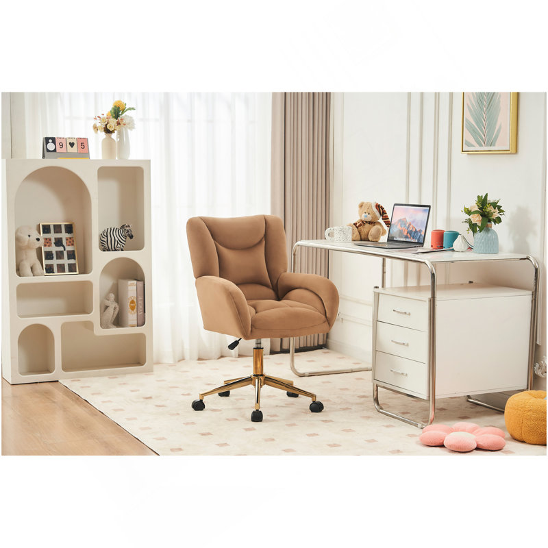 005R-Fauteuil de bureau pivotant en tissu de velours 360 avec base en métal doré et roues universelles, café, Velours café