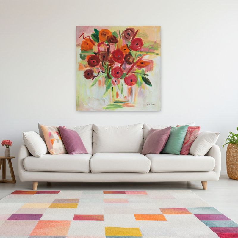 Art contemporain coquelicot avec bouquets de fleurs, H 48 po x l 48 po