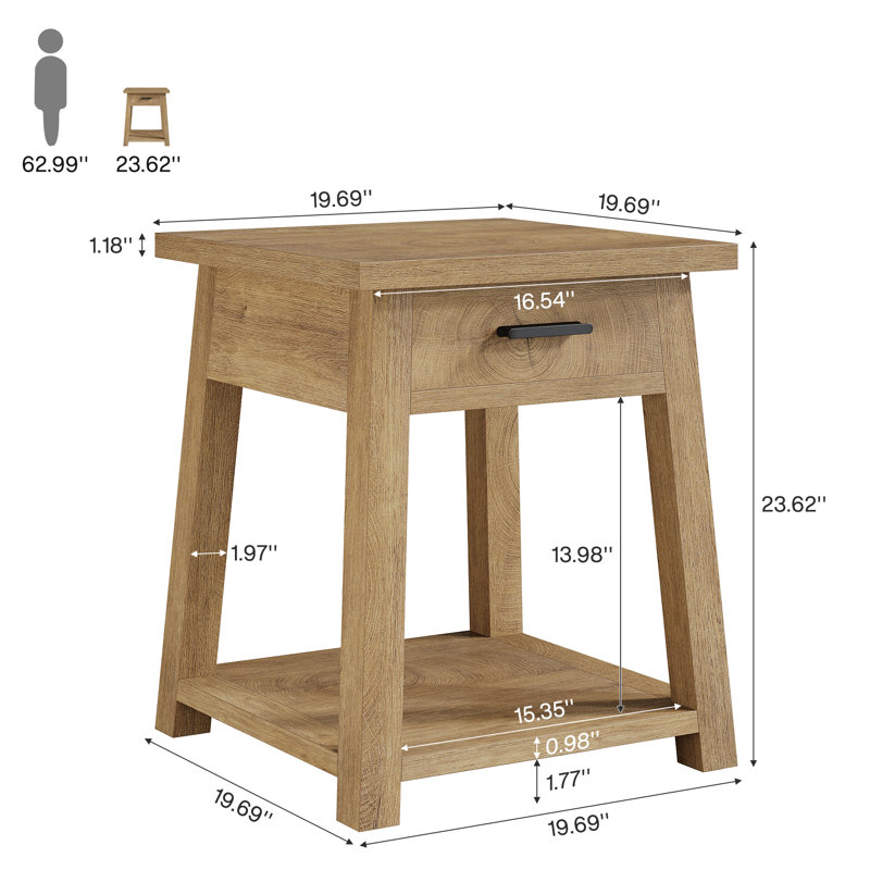 Side Table with Drawer, 2 -Tier Wooden End Table with Shelf Storage