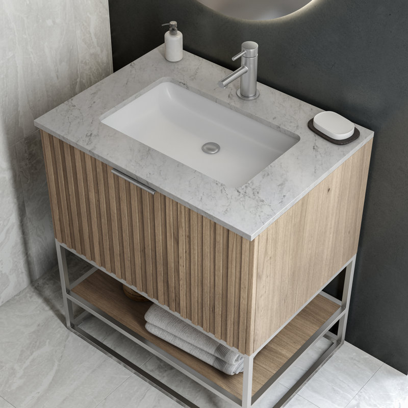 Terra 30'' Single Bathroom Vanity with Top, Walnut, Carrara Marble/Single Faucet Mount, Brushed Nickel