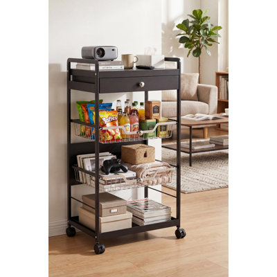 Chariot de rangement roulant robuste à 4 niveaux en métal - Organisateur utilitaire pliable et extensible avec roulettes verrouillables - Étagère multifonctionnelle pour cuisine, garde-manger, garage, salle de bain - Noir