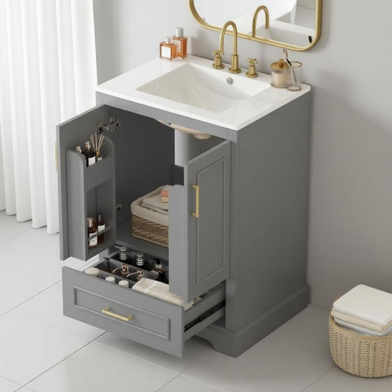 Meuble-lavabo autoportant en bois 24 po avec lavabo 24 po, 1 tiroir divisé, 2 portes à fermeture douce avec supports de rangement, gris