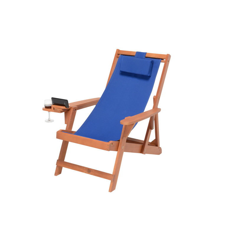 Folding Deck Chair, Walnut, Blue