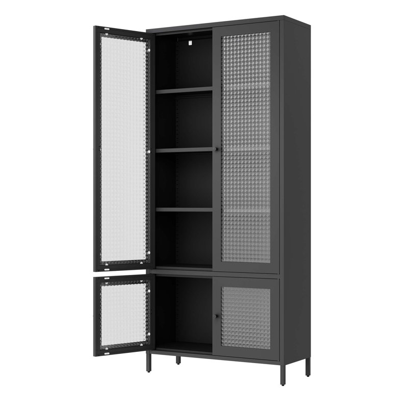 Large Metal Storage Cabinet With 4 Glass Doors And 5 Shelves, Waffle-Grids Tempered Glass For Modern Home Decor
