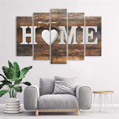 Home Heart Brown Retro 5 Piece Wall Art on Canvas