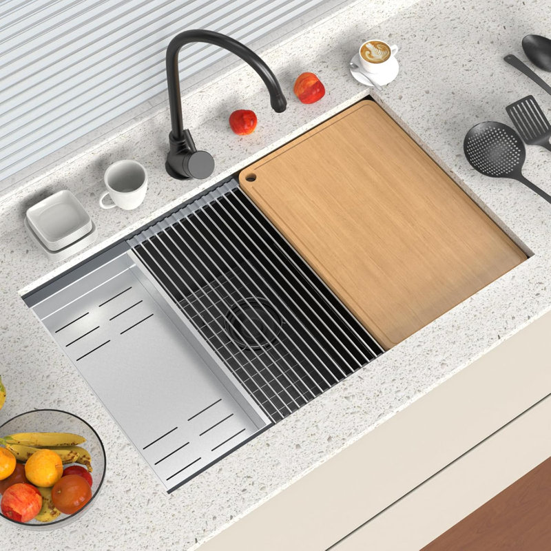 30 Inch Stainless Steel Undermount Integrated Ledge Multifunctional Workstation Sink Set In Black