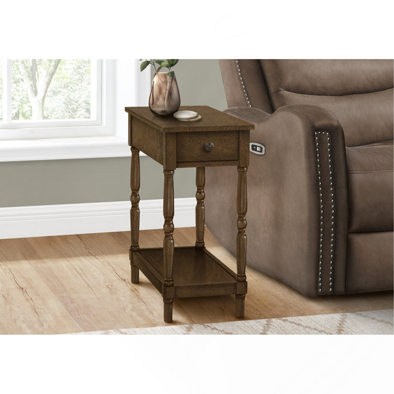 Table d'appoint, 2 niveaux, table de bout, table de chevet, chambre à coucher, étroite, lampe, tiroir de rangement, placage brun, traditionnel