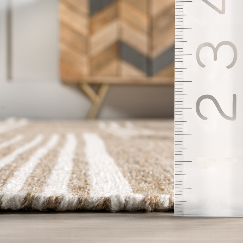 Sand and Off-White Wool Reversible Striped Rectangular Rug, 6' x 9'