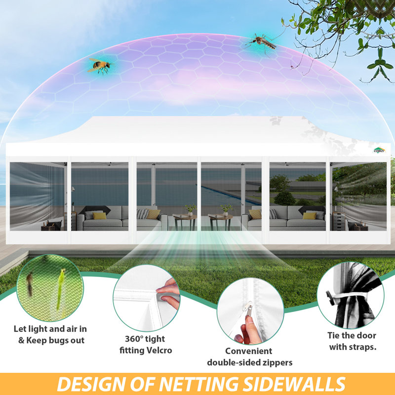 30 Ft. W x 10 Ft. D Pop up Gazebos with 8 Mosquito Netting Sidewalls, White