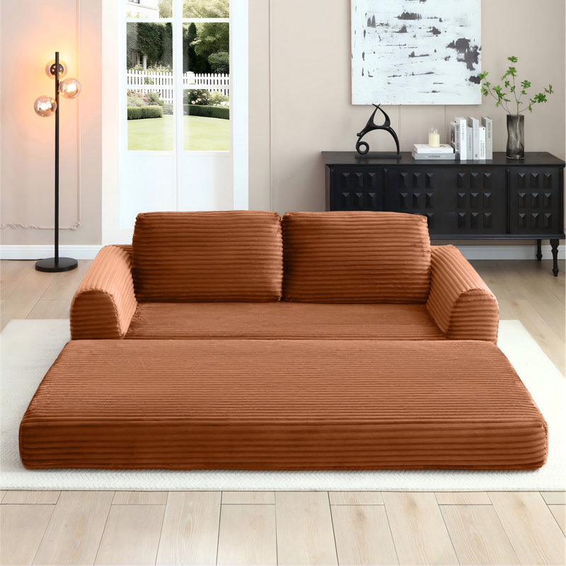 Canapé-lit rembourré 82 po avec 2 coussins en velours côtelé rembourré Corduroy - aucun assemblage requis, Orange