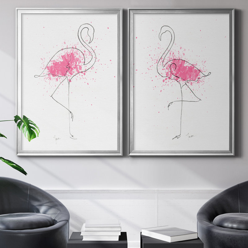 Flamingo Splash I - ensemble de 2 reproductions d'art, Pas de tapis, Toile encadrée argentée, H 26,5 po x l 73 po x P 3 po