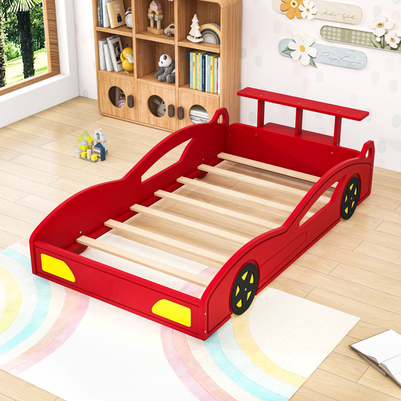 Lit de voiture de course simple en bois, Rouge / Jaune