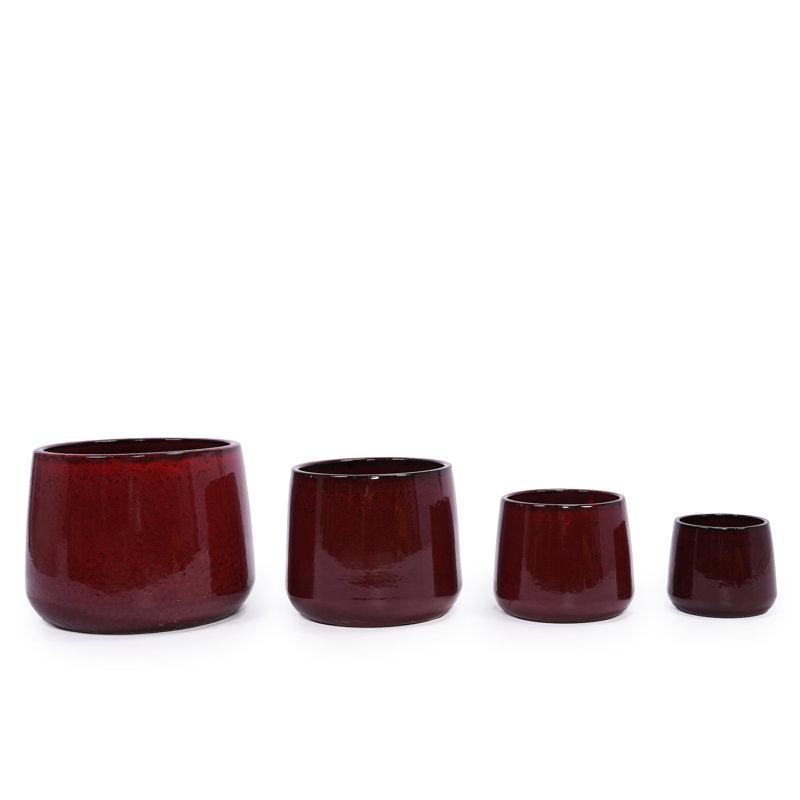 4 Pieces Ceramic Flowerpot, Bean Paste Red, Contemporary For Patio, Garden, Windowsills With Heat And Weather - Glossy Finish Contemporary, Windowsills, Frost , High Gloss Surface