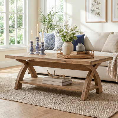 Solid Wood Coffee Table With Storage Shelf, Rustic Rectangular Centre Table