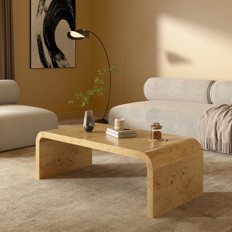Kievie 48" W Burl Wood Coffee Table – Handcrafted Elegance with Sleek Curves, Beige Wood
