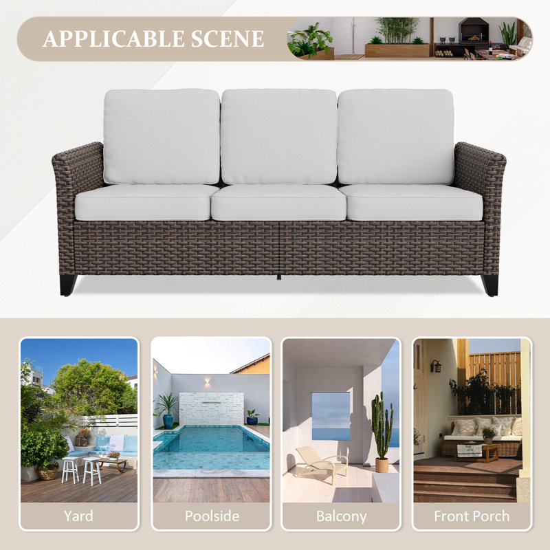 Outdoor Multi-Brown Wicker and Steel 3-Seat Sofa with Beige Cushions