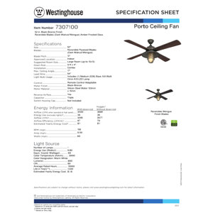 Westinghouse Lighting Porto 52-Inch Indoor 4-Blade Black-Bronze Indoor Ceiling Fan, LED Light Fixture With Amber Frosted Glass