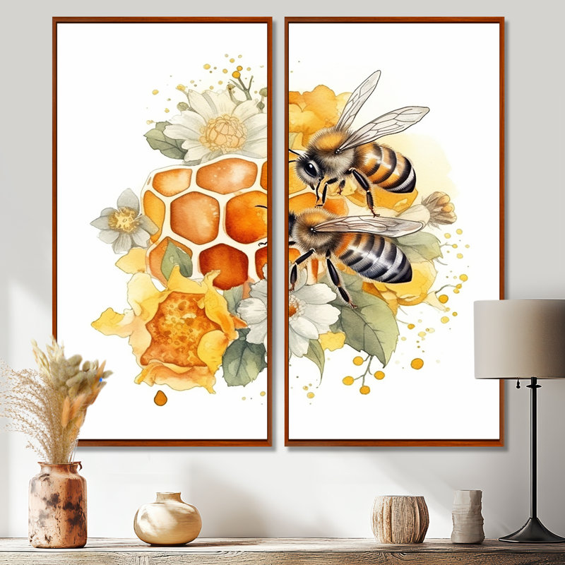 Floral Bee IV - 2 panneaux décoratifs animaux, 32" H x 32" W, Impression encadrée flottante, Brown