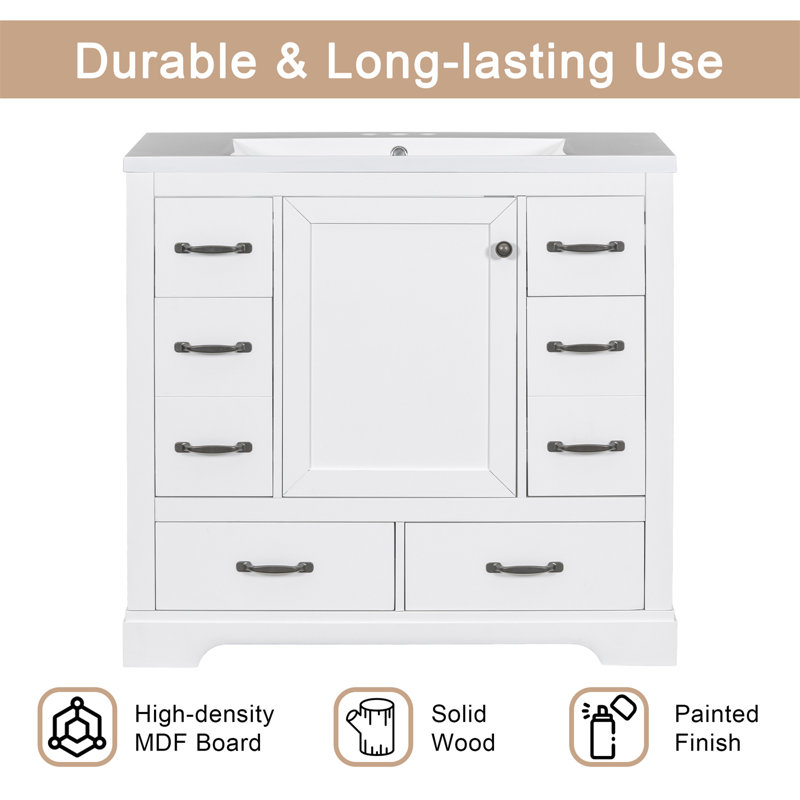 Meuble-lavabo simple 35,5 po, comptoir et éclaboussures en quartz blanc pur Edge, lavabos rectangulaires, 1 porte à fermeture douce, 8 tiroirs à queue d'aronde pleine extension