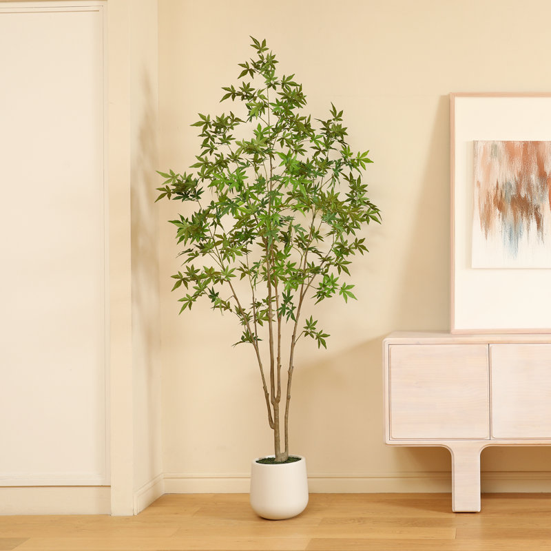 Adcock Artificial Maple Tree with Round White Planter, Pre Potted Faux Maple Tree for Home Decor, 84" H x 28" W x 28" D