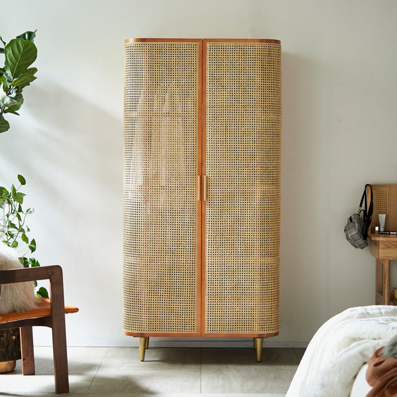 Armoire de rangement en bois et rotin